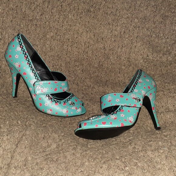 T.U.K Shoes - T.U.K. TUK-Rockabilly-Retro-Turquoise Mary Janes-Peep-Toe-Hearts/Anchors-Sz 7-EX